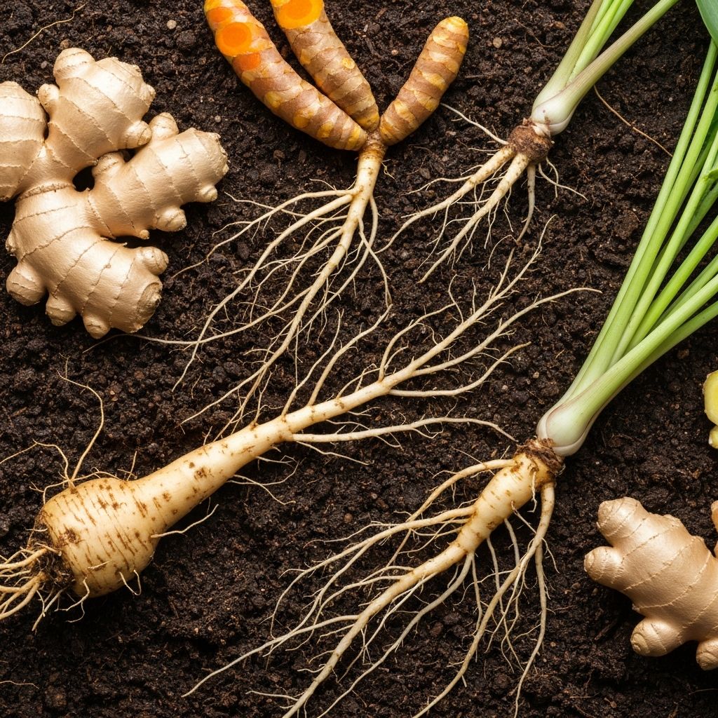 Various plant roots and botanical specimens